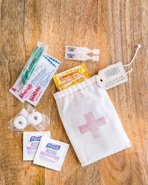 Red-Cross-stamped muslin pouches held first-aid essentials for guests venturing out on the area’s hiking trails during their time in the area. California Desert Wedding, Destination Wedding Etiquette, Refined Rustic, Destination Wedding Welcome Bag, Joshua Tree Wedding, First Aid Kits, Wedding Welcome Bags, Martha Stewart Weddings, Welcome Bags