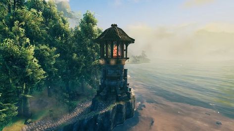 lighthouse Valheim Build Valheim Tower, Valheim Dock, Medieval Mansion, Valheim Builds, Dock House, Viking House, Viking Village, Gaming Stuff, Tower Building