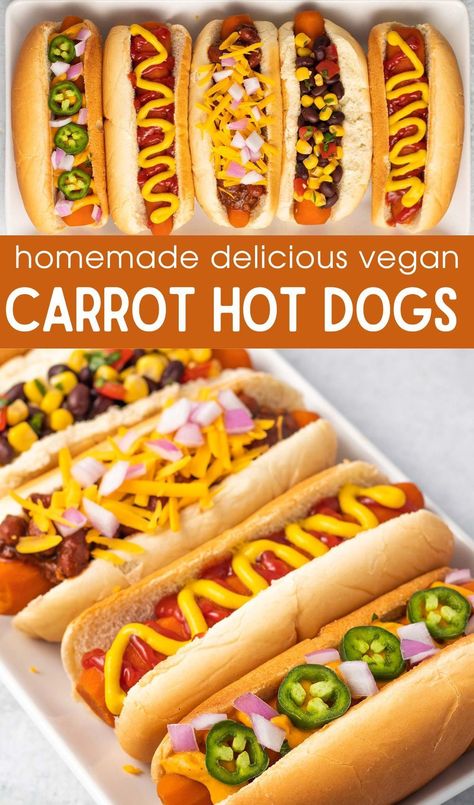 Vegan Carrot Dogs are a delicious meatless alternative to hot dogs! Grill 'em for some char. You can make these savory, smoky vegan carrot hot dogs 3 different ways – the quicker method (ready in less than an hour), the overnight method (perfect for meal prepping or thinking ahead) and the Instant Pot method. Enjoy these at a vegan barbecue with a side of coleslaw, potato salad, or grilled corn on the cob. Hot Dog Alternative, Carrot Hotdogs Recipe, Healthy Hot Dogs, Carrot Hot Dog Recipes, Carrot Dogs Vegan, Vegan Cookout Food, Vegan Lunchables, Vegan Carrot Hot Dog Recipe, Carrot Hot Dog