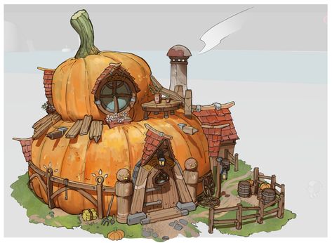 ArtStation - Exterior concepts for Pumpkin area, Alam Pangraksa Pumpkin Concept Art, Halloween Concept Art, Fantasy House Concept Art, Home Concept Art, Pumpkin Village, Hero Ideas, Forest Guardian, Vis Dev, Town Ideas