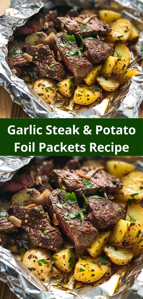 Quick Garlic Steak & Potato Foil Packets. Perfectly seasoned steak and potatoes in foil! Healthy Steak Recipes, Resep Starbuck, Healthy Steak, Steak And Potatoes, Garlic Steak, Foil Dinners, Foil Packs, Healthy Grilling Recipes, Grilled Dinner