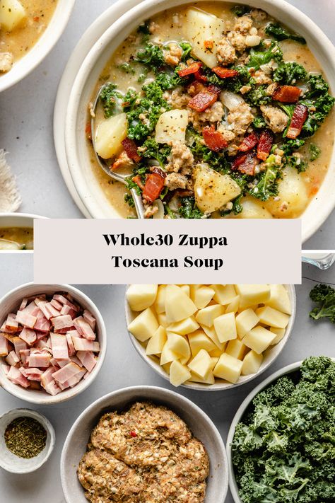 Healthy Zuppa Toscana, Olive Garden Soup, Whole30 Soup, Whole30 Soup Recipes, Olive Garden Soups, Garden Soup, Zuppa Toscana Soup, Toscana Soup, Food Bars