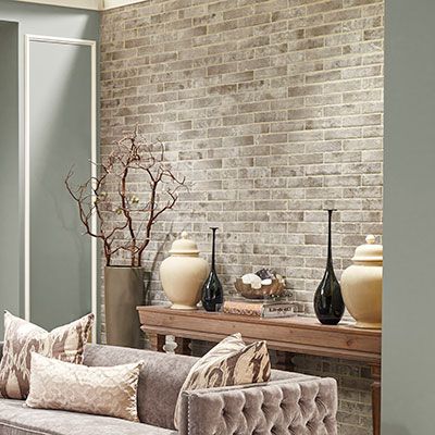 Living Room Stone & Tile Tile Living Room Wall, Wall Tiles Living Room, Interesting Living Room, Room Wall Tiles, Tiles Living Room, Wall Brick, Decorative Wall Tiles, Wall Tiles Design, Brick Tile