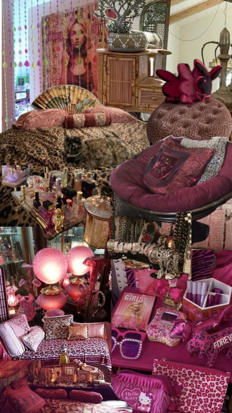 bedroom inspo, maximalist, leopard print, cheetah print, animal, pink, gold, brown, silk satin bedroom, hello kitty, juicy couture, Victoria’s Secret, vintage y2k 2000s 2010s bedroom, jewellery stand, door beads 2010s Bedroom, Maximalist Room Aesthetic, Cheetah Print Rooms, Bedroom Hello Kitty, 2000s Bedroom Aesthetic, Cheetah Print Bedroom, Y2k Bedroom Aesthetic, Cheetah Bedroom, Leopard Print Bedroom