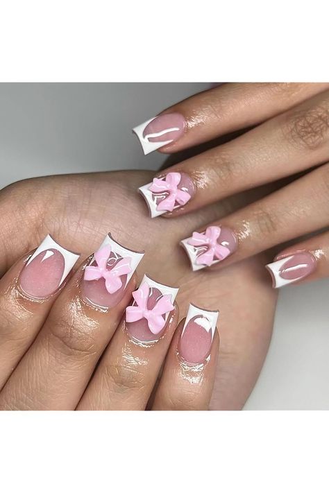 24 Pcs French Tip Press on Nails Short Square coffin Nails Nude Fake Nails with Designs Bow False Nails Glue on Nails Full Cover Glossy Acrylic Nails for Women Girls Nail Decoration Supplies Fake Nails White, Press On Nails Short, Nagel Tips, Easy Nails, Manicure Diy, Girly Acrylic Nails, Nail Forms, White French, Stick On Nails