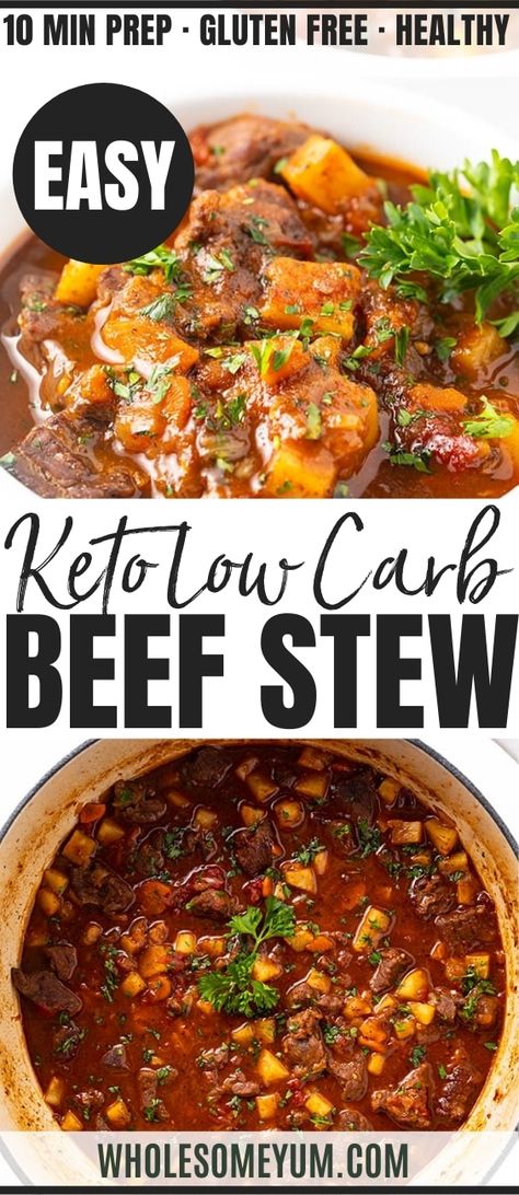 Easy Low Carb Keto Beef Stew Recipe - This easy keto beef stew recipe takes just 10 minutes to prep, with a secret ingredient that tastes like potatoes. Low carb beef stew is rich and hearty - without the carbs! #wholesomeyum #keto #ketorecipes #soup #ketosoup #lowcarb #lowcarbrecipes #comfortfood #beef #stew Wholesum Yum, R3 Recipes, Low Carb Beef Stew, Keto Beef Stew, Cena Keto, Keto Soups, Keto Casseroles, Comidas Keto, Easy Beef Stew