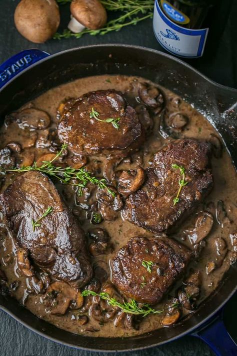 Filet Mignon in Mushroom Wine Sauce - NatashasKitchen.com Mushroom Wine Sauce, Filet Mignon Recipes, Wine Sauce, The Mushroom, Beef Dinner, Beef Dishes, Short Ribs, Meat Dishes, Finger Food