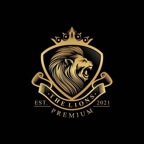 Lion king logo design isolated on black ... | Premium Vector #Freepik #vector #lion-crown #vintage-crown #lion-logo #lion-head King Logo Design, Lion With A Crown, Lion King Logo, Logo Lion, Lion Head Logo, Royal Logo, Lion Illustration, Golden Lions, Barber Shop Decor