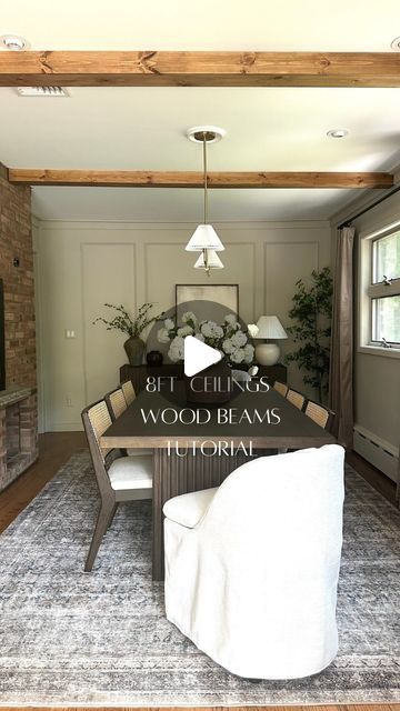 Elisa Mastrocolla on Instagram: "So many questions about my dining room wood beams lately!  How tall are my ceilings? Are they faux beams?  Did you make your beams?  How did you make them?   Here is a quick tutorial! Please let me know if you have any more questions!   ##diyprojects #interiordesign #diningroomideas #diningroomdecor #diningroomdesign #woodbeams #organicmodern" Faux Beam Doorway Header, Ceiling Beams Low Ceiling, Wood Beams On 8ft Ceiling, Low Ceiling Beams, Wood Beam Ceiling Lighting, Diy Beams Ceiling, Wood Beam Ceiling Living Room, Faux Wood Beams Ceiling, Wrapped Beams