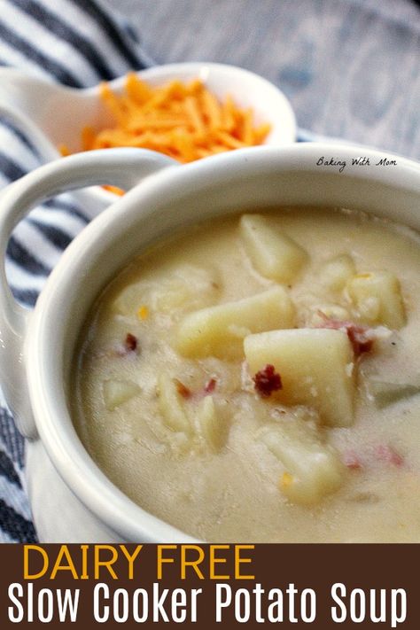 Dairy Free Slow Cooker Potato Soup with ham or bacon is a creamy soup full of flavor. An easy soup recipe to make, this soup is dairy free. #dairyfree #soup #potatosoup Crock Pot Soup Dairy Free, Easy Crockpot Soups Dairy Free, Potato Soup Crock Pot Dairy Free, Dairy Free Potato Soup Crock Pot, Easy Dairy Free Crockpot Meals, Slow Cooker Recipes Dairy Free, No Milk Potato Soup, Lactose Free Potato Soup, Potato Soup No Milk