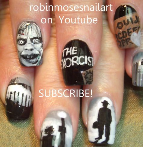 The Exorcist.... Scary Nail Art Halloween, Exorcist Nails, Scary Nail Art, Scary Nails, Robin Moses, Horror Nails, Shellac Nail Art, Crazy Nail Designs, Halloween Acrylic Nails