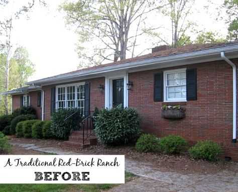 The Painted House ranch BEFORE (Hooked on Houses) Painted Brick Ranch Before And After, Porch Added To Ranch House, Before And After Brick Ranch Exterior, Brick Rancher Curb Appeal, Landscape Ideas For Brick Ranch, Painted Brick House Exterior Before And After Ranch Style, Curb Appeal For Ranch Style House, Updating Brick Ranch Exterior, Updating Exterior Of Ranch Style House