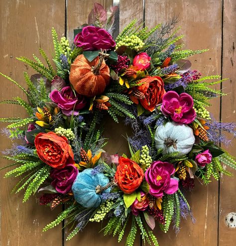 All the jewel tones 😍 @allinbloomstudio Jewel Tone Fall Decor, Jewel Tone Fall Bouquet, Jewel Tone Dried Flowers, Jewel Tone Flower Crown, Jewel Tone Flower Arch, Fall Front Door, Jewel Tones, Thanksgiving Decorations, Front Door