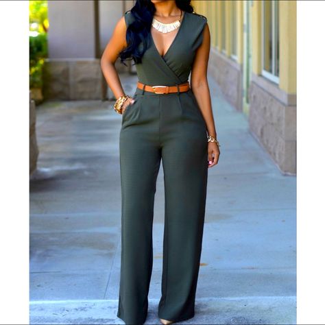 Modern Sophistication Defines This Sleeveless, Wide-Leg Jumpsuit That's Perfectly Polished From Day To Night. Features: V Neck Sleeveless Wide Leg Olive Color Belt Included Material: 80% Polyester, 20% Spandex Wide Neck Dress, Cheap Jumpsuits, Jumpsuit Outfits, High Waisted Wide Leg Pants, Rompers Womens Jumpsuit, Short Sleeve Jumpsuits, Sleeveless Rompers, Jumpsuit With Sleeves, Sleeveless Jumpsuits