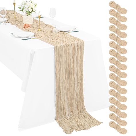 PRICES MAY VARY. 💌【Suitable Size】You will receive 16 pieces 10ft length Beige cheesecloth table runner with wrinkled texture, enough quantity is suitable for wedding banquets and various parties, Each tablecloth measures approximately 21 x 120 inches/55 x 300 cm and appropriate for round or rectangle tables that can seat 10-12 people. The elegant table runner can meet your needs for table decoration adds a romantic atmosphere to your wedding or special events. 💌【Premium Material】The table runn Boho Table Setting Wedding Round, Macrame For Weddings, Runner On Circle Table, Wedding Table Runners Round Tables, Beige Table Setting, Table Runners Wedding Round, Cheesecloth Table Runner Wedding, Beige Table Runner, Table Runner For Wedding