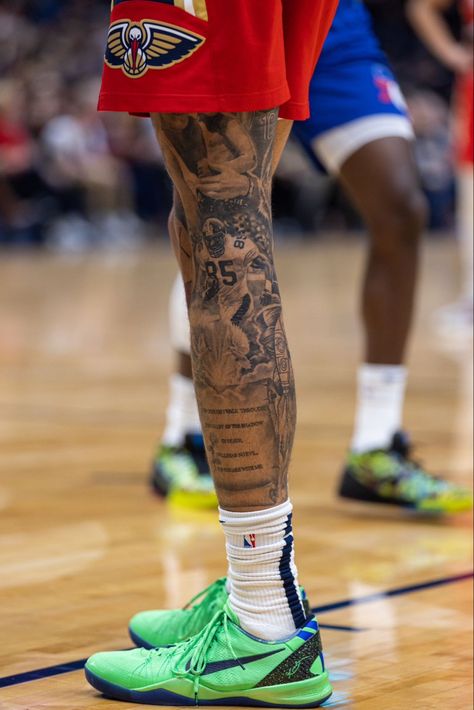 Mens Hamstring Tattoo, Nba Players Tattoos Leg, Creative Leg Tattoos Men, Nba Leg Tattoos, Jalen Green Leg Tattoo, Patch Work Leg Sleeve Tattoo Men, Devin Haney Leg Tattoo, Calve Sleeve Tattoo, Lower Leg Sleeve Tattoo Mens