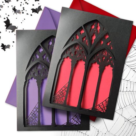 ⛪ Handmade ⛪ Large A5 size ⛪ Envelope included ⛪ Blank inside for your own personalised message ⛪ Suitable for any occasion ⛪ Looks great as a framed keepsake! Celebrate special occasions with our Gothic Arch Greeting Card, a handmade piece that exudes timeless elegance. Crafted with meticulous attention to detail, this three-layered card features a stunning Gothic window design, reminiscent of cathedral arches. The intricate cutouts reveal a coloured interior, adding a pop of vibrant contrast t Gothic Invitation Card, Gothic Birthday Cards Handmade, Gothic Birthday Card, Gothic Window Design, Alternative Valentines Cards, Halloween Cards Handmade Ideas, Alternative Valentines, Gothic Window, Gothic Arch