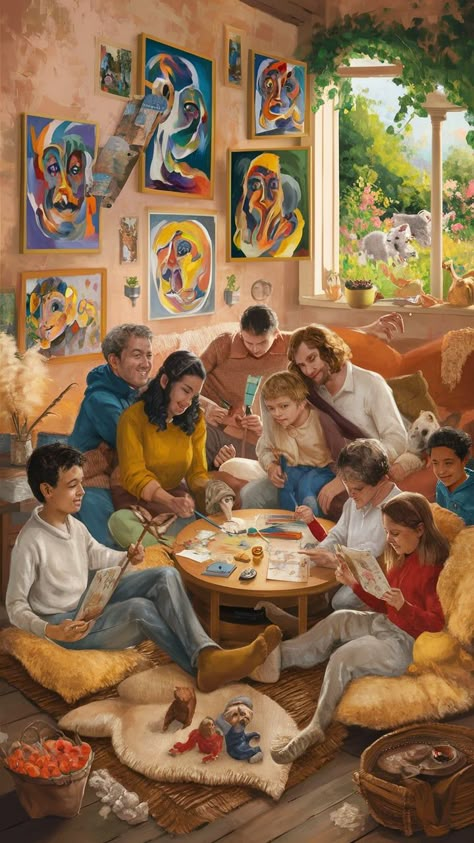 Capture the essence of family life in a cozy, sunlit room filled with vibrant Fauvist-inspired art. This heartwarming scene features a diverse family engaging in painting, reading, and playing games, surrounded by soft textures and a picturesque garden view. Celebrate the beauty of familial bonds and nature with expressive colors and warmth. Perfect for family art prints, home decor, and emotional connection. Family Group Wallpaper, Happy Family Painting, Sunlit Room, Picturesque Garden, Diverse Family, Family Vibes, Family Friendly Living Room, Family Art Print, Family Happiness