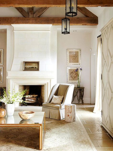 Cozy Elegance - Liked @ www.homescapes-sd.com #staging San Diego home stager (760) 224-5025 Reclaimed Wood Beams, Family Room Fireplace, White Fireplace, Home Fireplace, Fireplace Makeover, Fireplace Design, Contemporary Living Room, Fireplace Surrounds, Cozy Living Rooms