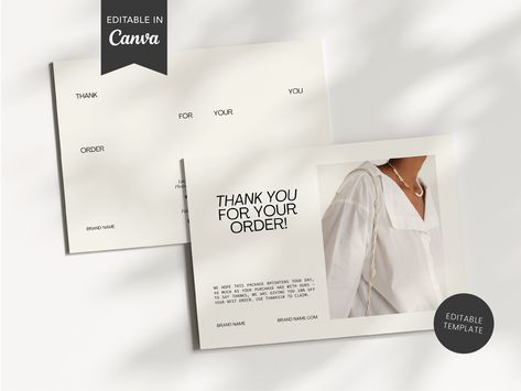 Please note that this listing is for an editable, digital template. No physical product will be shipped. Introducing our exquisite Thank You Card Template, designed to enhance your fashion brand's image with a touch of minimal elegance. This template exudes sophistication, making it the perfect choice to express gratitude to your valued customers. Not only does our template embody style, but it also includes a thoughtful feature: a call-to-action that kindly asks for customer reviews. Strengthen Brand Thank You Card Packaging, Shipping Thank You Cards, Thank You Card Packaging Design, Thank You Brand Cards, Thank You Cards Packaging, Packaging Insert Design, Order Thank You Card, Pr Package Card, Jewelry Thank You Card