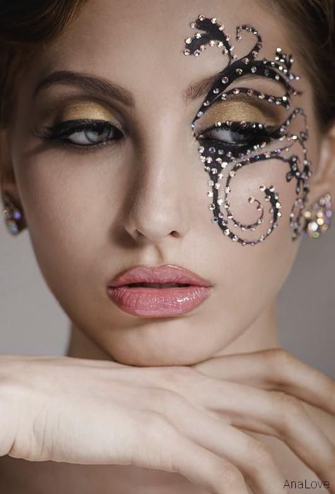 Masquerade Mask Makeup, Belly Dance Makeup, Masquerade Makeup, Jewel Makeup, Circus Makeup, Face Rhinestones, Performance Makeup, Dance Makeup, Mask Makeup