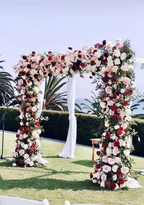 Pastel Red Wedding Theme, Red Cream Wedding Theme, Pink And Red Wedding Theme Wedding Ceremony Decor, Blush Pink And Burgundy Wedding Flowers, Mauve And Red Wedding, Red Pink And White Wedding Flowers, Burgundy Pink And White Wedding, Maroon And Pink Flowers, Pink Quinceanera Ideas Decoration