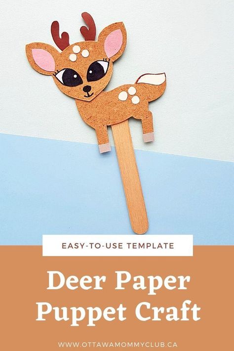 This deer paper puppet craft brings some good old fashioned 2-D fun to your menagerie of popsicle stick puppets. It’s easy and fun to make these little deer and you will love using them to tell fun stories of the holidays or put on puppet shows set in the woods. #kidscrafts #puppet #papercraft #puppetcraft #craft #deer #reindeer Deer Crafts Diy, Deer Crafts For Toddlers, Stick Puppet Ideas, Deer Craft For Kids, Stick Puppets For Kids, Popsicle Stick Puppets, Deer Crafts, Animal Paper Craft, Deer Craft