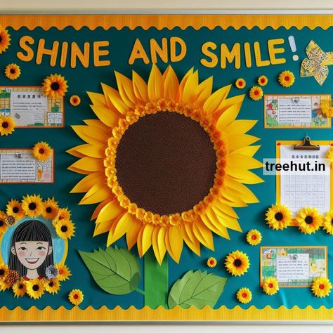 Sunflower Bulletin Board Ideas, School Bulletin Board Ideas, Summer Bulletin Board School Board Ideas Education, Sunflower Board Ideas, Bulten Board Ideas For School, Selfie Corner Ideas Photo Booths For School, School Boards Decorations, Bulletin Board Ideas Beginning Of Year, Bloom Bulletin Board Ideas, Chart Work Ideas For School, Creative Board Ideas For School