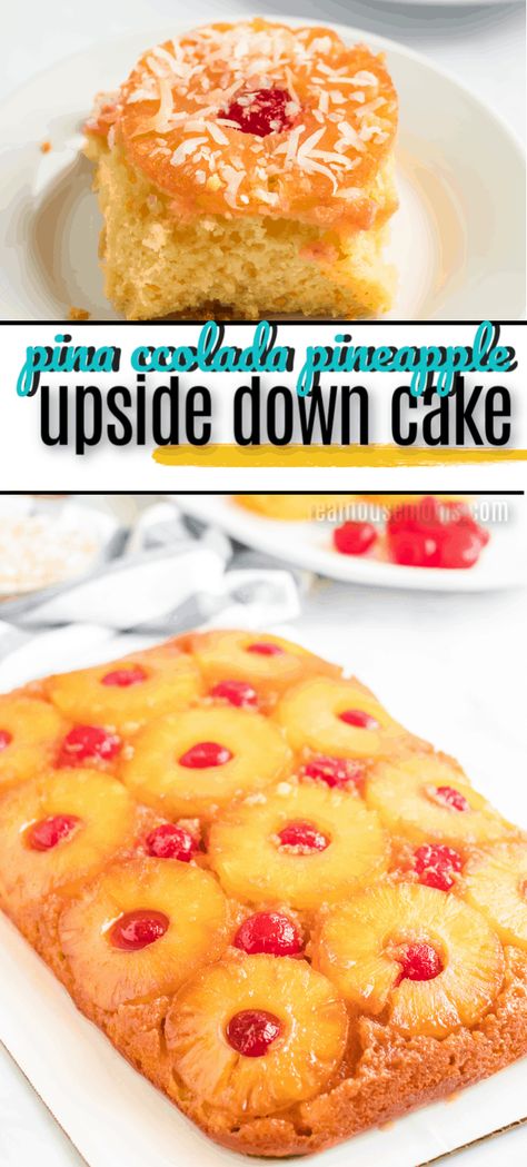 Coconut extract is added to a traditional pineapple upside down cake to turn it into a pina colada pineapple upside down cake everyone will love! Pina Colada Upside Down Cake, Pineapple Coconut Upside Down Cake, Pineapple Upside Down Cake Recipe With Coconut, Pine Apple Upside Down Cake, Coconut Pineapple Upside Down Cake, Pumpkin Upside Down Cake, Coconut Pineapple Cake, Caramelized Fruit, Cake Baking Pans