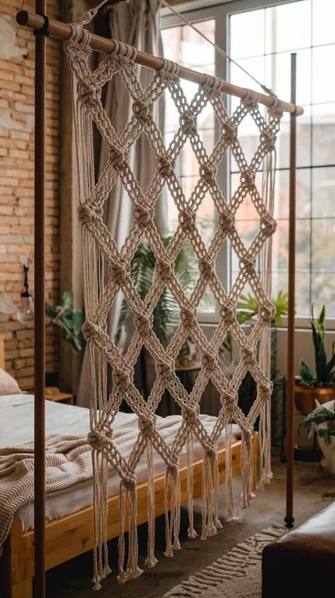 Free-standing macramé or rope divider hung between two poles Divide A Bedroom Into Two, Boho Room Divider, Rope Divider, Macrame Room Divider, Accordion Door, Metal Room Divider, Big Bedrooms, Hanging Beads, Furniture Placement