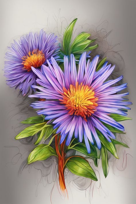 Aster Flower Painting, Aster Flower Drawing, Aster Watercolor, Aster Drawing, Aster Flower Tattoo, Aster Tattoo, Aster Flower Tattoos, Flower References, Aster Flowers