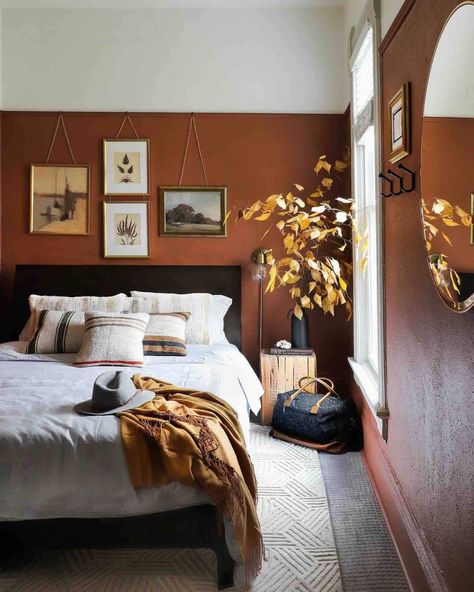 Paint Three Quarters Wall, Accent Wall Color Block, Mushroom Colour Walls, Orange Bedroom Accent Wall, Paint Colour Blocking, Small Painted Accent Wall, Bedroom Colour Blocking, Cognac Wall Color, Rust Accent Wall Bedroom