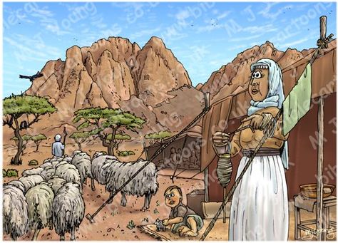 Exodus 02 - Moses flees to Midian - Scene 04 - Moses marries Exodus Bible, Bible Cartoon, Flock Of Sheep, Mount Sinai, Bible Stories, Cartoon Shows, Holy Bible, Mount Rushmore, Sheep