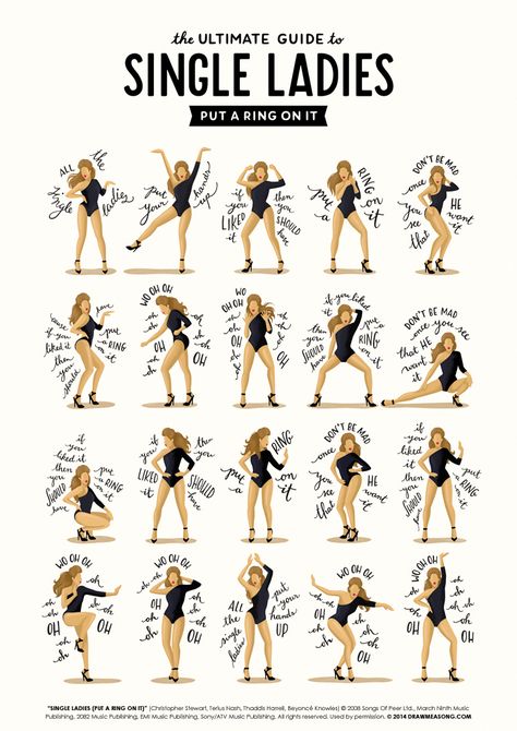 Draw Me a Song™ is a conceptual project and brand of posters illustrating song lyrics: every poster represents a famous song, of which I illustrate the words, through digital illustration and lettering. Single Ladies Dance, Dance Pop, Bob Fosse, Dance Tutorial, Single Ladies, Swing Dancing, Yoga Exercises, Lyric Poster, Who Runs The World