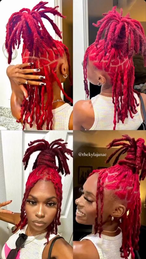 Pink And Red Locs Black Women, Pink And Red Locs, Colors For Locs, Dreadlocks Dyed, Medium Length Loc Styles, Latest Dreadlocks Styles, Color Locs, Red Locs, Pretty Locs