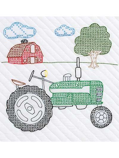 Tractor 18" Prestamped White Quilt Blocks Dmc Floss Chart, Tractor Quilt, Jack Dempsey, Buy Stamps, Knitting Blogs, White Quilt, Needle Art, Cross Stitch Kits, Square Quilt