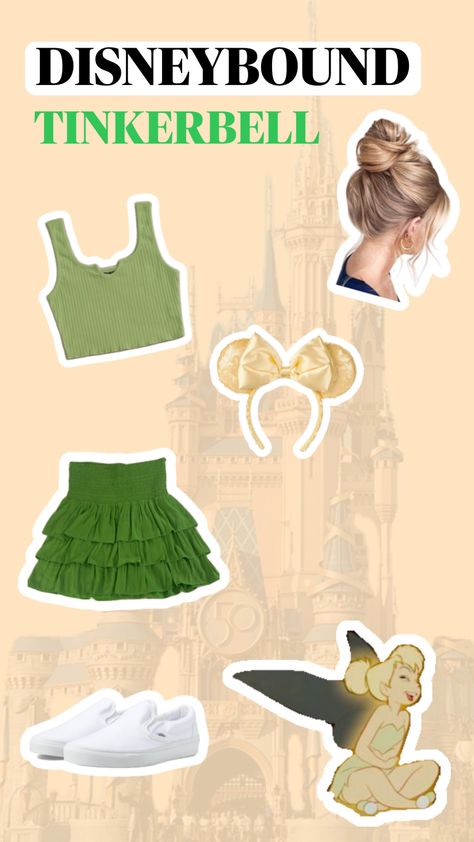 disneybound - disney world - disney land - disney parks - outfit - packing - magic kingdom - epcot - universal - princess - villian - inspired - tinkerbell - peter pan - green - gold - blonde - buns Tinkerbell Outfit, Tinkerbell Peter Pan, Epcot Outfit, Magic Kingdom Outfit, Disney Princess Inspired Outfits, Disney Park Outfit, Disney Bound Outfits Casual, Princess Inspired Outfits, Matching Halloween Costumes