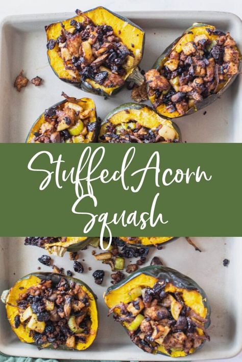 Stuffed Acorn Squash - clean cuisine Winter Squash Recipes, Stuffed Acorn Squash, Acorn Squash Recipes, Sweet Potato And Apple, Squash Recipe, Healthy Cookie Recipes, Thanksgiving Leftovers, Ginger Recipes, Acorn Squash