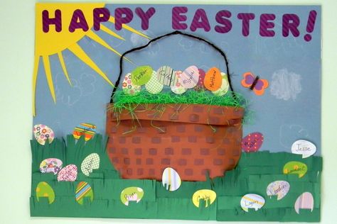 March bulletin board! Easter Bulletin Boards For Daycare, Basket Bulletin Board, Preschool Classroom Themes, Easter Bulletin Boards, March Bulletin Board, Kids Bulletin Boards, Classroom Christmas Decorations, Preschool Decor, Birthday Bulletin Boards