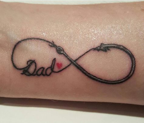 In memory of my daddy Fishing Hook Infinity Tattoo, Fishing Memorial Tattoo, Grandparent Tattoos, Dad Tattoo In Memory Of, Ace Tattoos, Fisherman Tattoo, Dad Daughter Tattoo, Taylor Tattoo