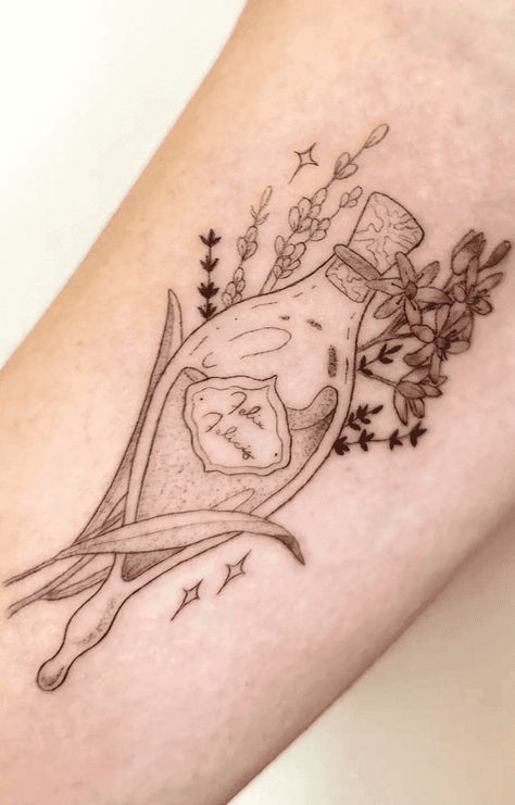 Felix Felicis Tattoo Design Images (Felix Felicis Ink Design Ideas) Love Potion Harry Potter Tattoo, Harry Potter Felix Felicis Tattoo, Felix Felicis Drawing, Potions Tattoo, Felix Felicis Tattoo, Potion Tattoo, Botanical Sleeve, Taylor Swift Concert Outfit Ideas, Taylor Swift Concert Outfit