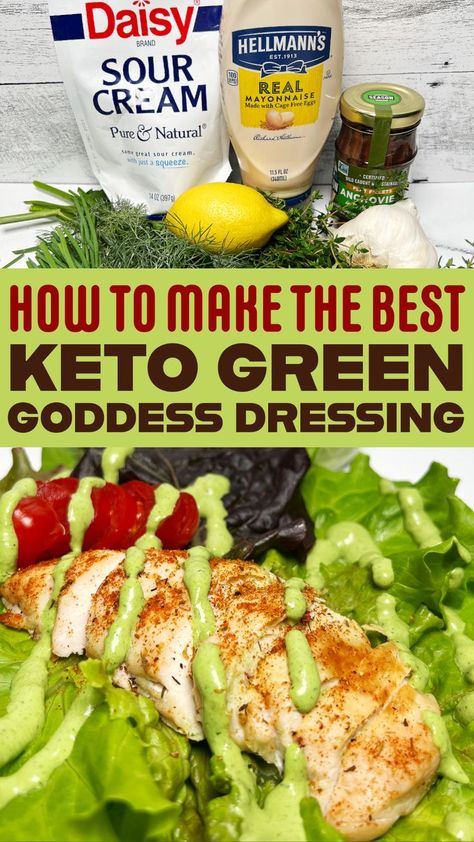 Keto Green Goddess Dressing (2G of Net Carbs) Green Goddess dressing is an absolute revelation when made fresh! Creamy, herby and garlic-y with a touch of umami from the anchovies. I beg you, Don't leave them out! They will melt into the creamy dressing and add their seductive saltiness and I'm telling you don't leave them out!!! You won't get a chunk of anchovy I promise! https://ketoniafoods.com/recipes/how-to-make-the-best-keto-green-goddess-dressing Keto Green Goddess Dressing, Keto Green, Low Carb Grocery, Keto Salads, Keto Sauces, Creamy Salad Dressing, Goddess Dressing, Keto Side, Green Goddess Dressing