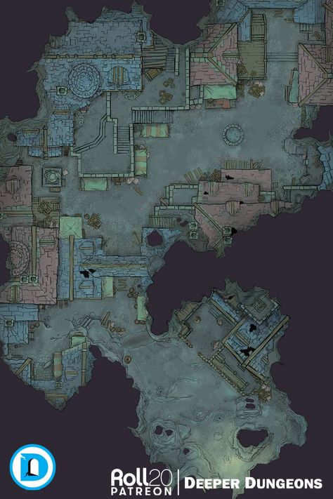 A sunken city battlemap created by Deeper Dungeons for DnD, RPG, and tabletop games Dungeon Design, Beautiful Maps, Minecraft Castle Designs, Fantasy City Map, Cave City, Abandoned City, Sunken City, Dnd World Map, Virtual Tabletop