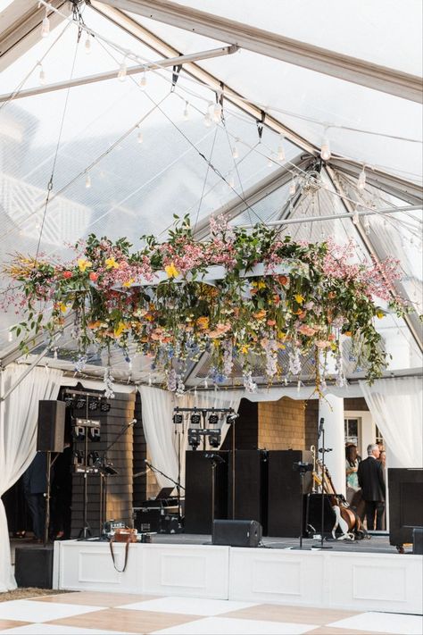 #floralweddinginstallation #springwedding #weddingstringlighting #weddingband #weddingdancefloordesign #charlestonwedding Wedding Tent Design, Cafe Lighting Design, Wedding Reception Tent, Reception Ceiling, Cottage Core Wedding, Kiawah Island South Carolina, Hanging Florals, Outdoor Tent Wedding, Tent Wedding Reception