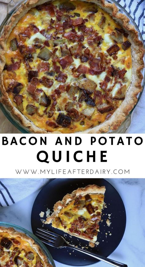 This loaded bacon and potato quiche is the ultimate breakfast recipe. Made with an herby, flaky pastry and filled with egg, potato, bacon, and onion this delicious quiche is a savory brunch just waiting to happen! Make this dairy free quiche for your next weekend breakfast or brunch! #quiche #breakfast #brunch #dairyfree #bacon Bacon And Potato Quiche, Quiche Brunch, Potato Quiche, Bacon Quiche Recipe, Breakfast Quiche Recipes, Bacon Quiche, Quiche Recipes Easy, Bacon Potato, Breakfast Quiche