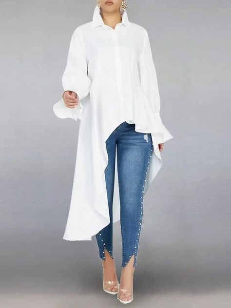 Bell-cuff High-Low Shirt High Low Shirt Outfit, High Low Shirt, High Low Tunic, White Party, Tunic Shirt, Jacket Buttons, High Low Hem, Skirts For Sale, Hip Length