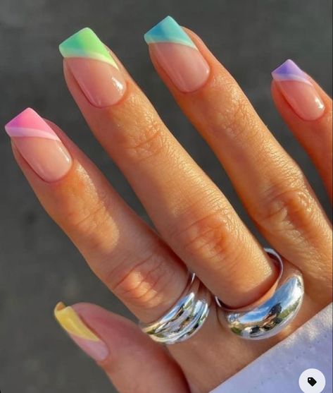 Colored French Nails, Nail Spring, Nail 2024, Spring Rainbow, Summer Nails 2023, Spring Bright, Easter Nail, Easter Nail Designs, Summer Manicure