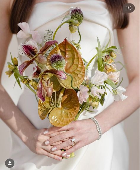 Anthurium Bouquet, Modern Bridal Bouquets, Unique Bridal Bouquets, Modern Bouquet, Lady Slipper Orchid, Lady Slipper, Orchid Bouquet, Flower Arrangement Designs, Unique Bouquet