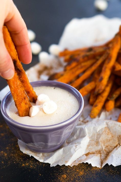 Cinnamon Sugar Sweet Potato Fries with Toasted Marshmallow Sauce Sweet Potato Fries Marshmallow Dip, Sweet Potato Fries Dipping Sauce, Marshmallow Sauce, Baked Snacks, Gameday Party, Cozy Inn, Sweet Potato Cinnamon, Sides Dishes, Marshmallow Dip