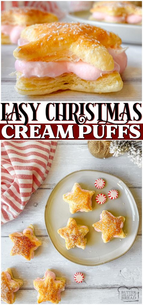 Peppermint Cream Puff Stars are a simple, 4-ingredient cream puffs perfect for Christmas!  With cute peppermint filled puff pastry stars, you can have a festive dessert that's so easy to make! #Christmas #creampuff #peppermint #dessert #easyrecipe from BUTTER WITH A SIDE OF BREAD Mini Puff Pastry Christmas Trees, Puff Pastry Recipes Christmas, Christmas Cream Puffs, Puff Pastry Stars, Cream Filled Puff Pastry, Filled Puff Pastry, Puff Recipes, Cream Puffs Recipe Easy, Lowcarb Snacks